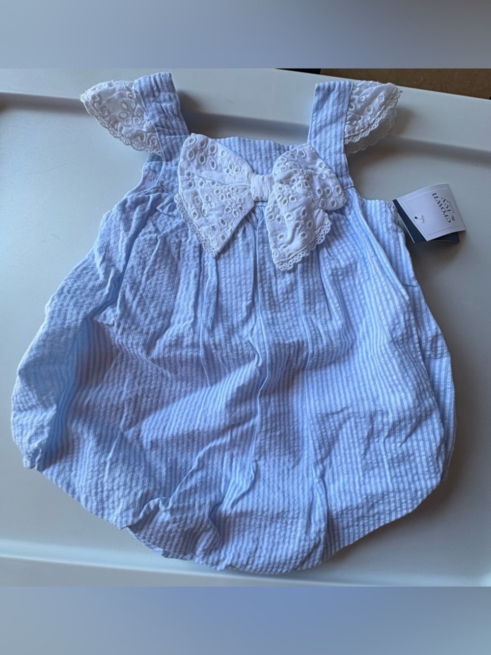 crown & ivy Light Blue Striped Baby Bow Romper